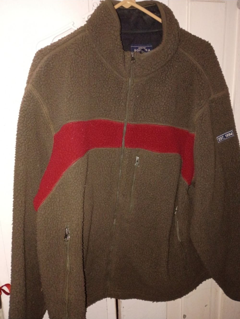 Sonoma Olive Green Fleece Jacket with Red Chest Stripe